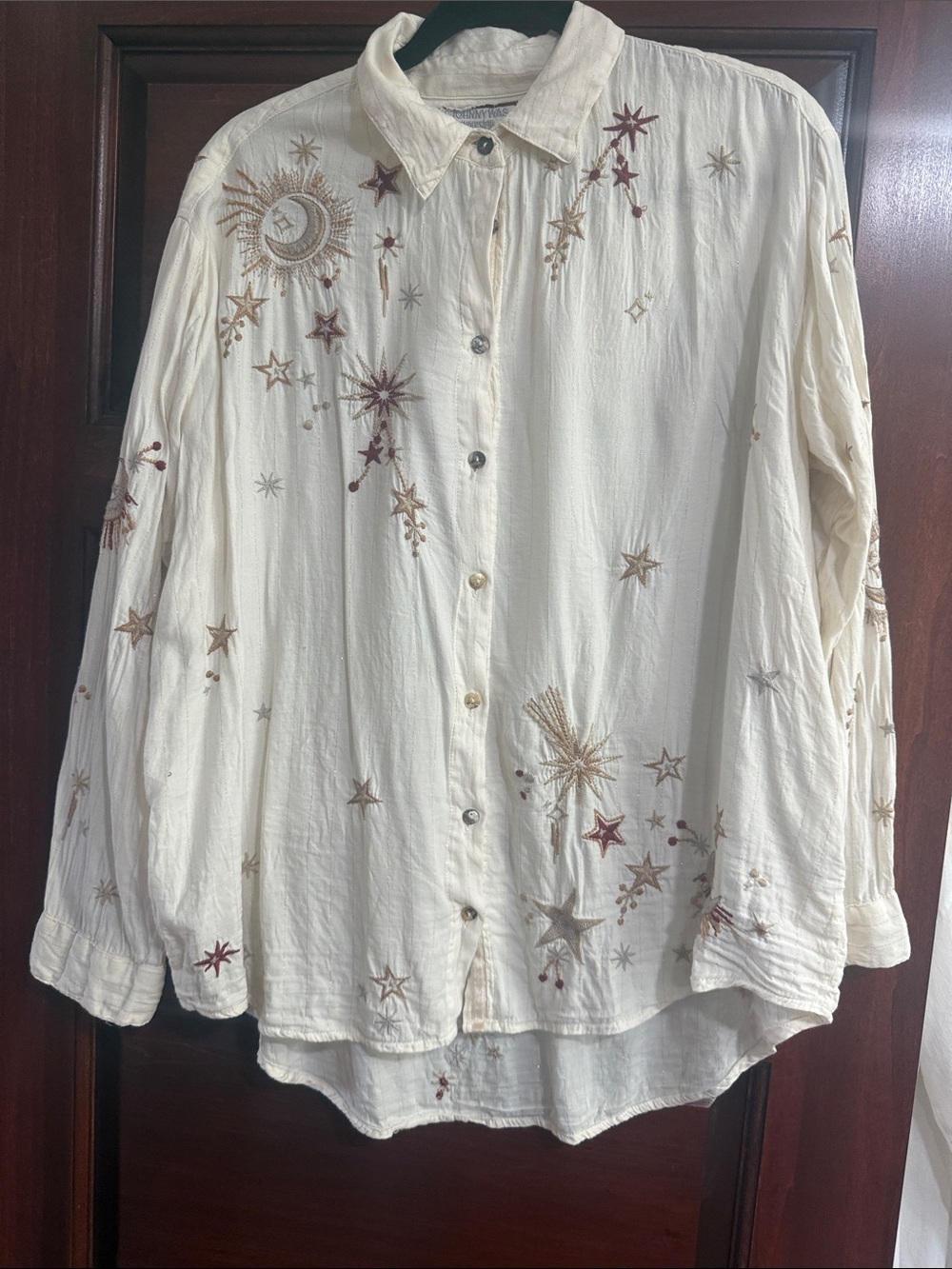 Johnny Was Cream Embroidered Celestial Button-Down Shirt